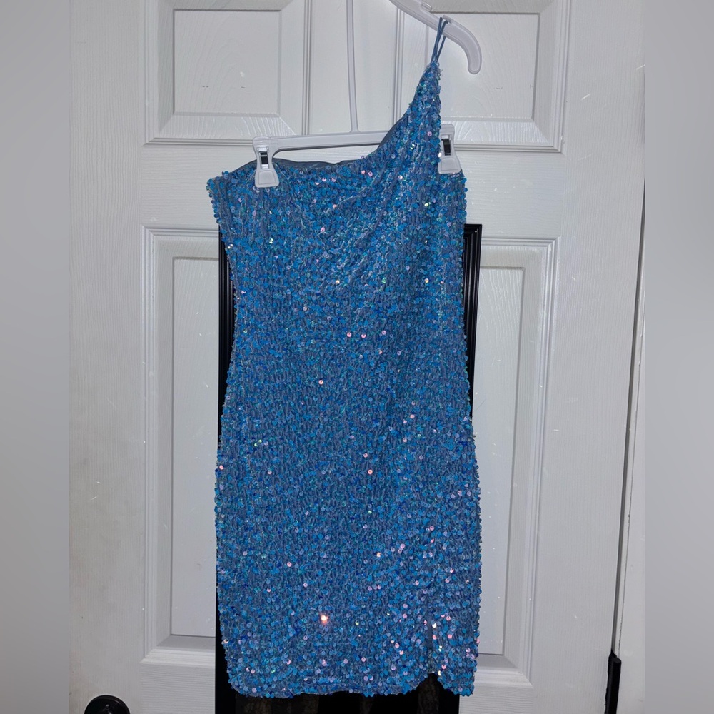 Blue Iridescent Sequin Double Strap One Shoulder Homecoming Dress